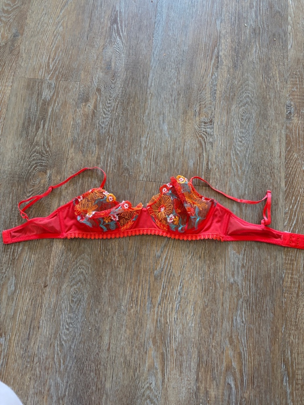 Victoria's Secret Red Floral Embroidered Underwire Bra with Multicolor Accents